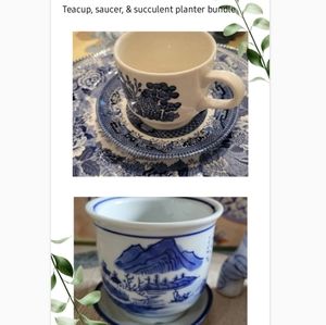Blue & white teacup, saucer, and mini planter pot English Chinoiserie cl…